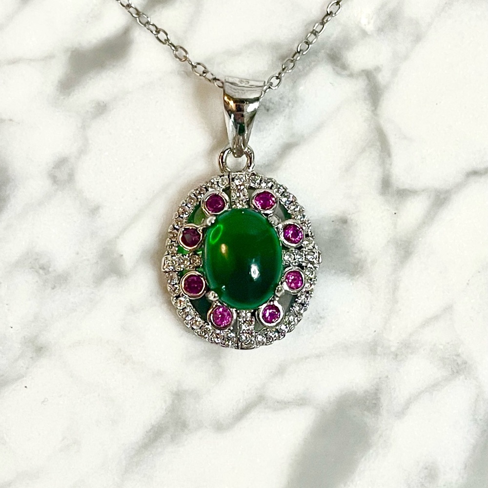 Vintage Sterling Silver Pendant Necklace – Simulated Emerald & Pink Sapphires